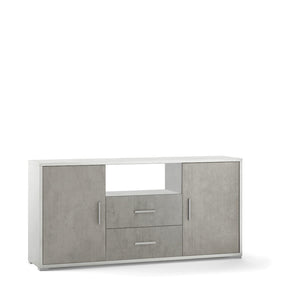 Madia Credenza Mobile 2 ante con 2 cassetti 174x41x84H design moderno in kit di montaggio colore Ossido bianco e Cemento