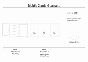 Credenza Mobile 2 ante con 4 cassetti 174x41x84H cm desing moderno in kit di montaggio colore Cemento