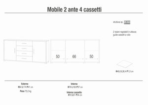 Credenza Mobile 2 ante con 4 cassetti 174x41x84H cm desing moderno in kit  colore Ossido bianco e Ossido nero