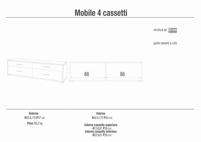 Cassettiera mobile con 4 cassetti 179x47x50H cm in kit di montaggio colore Ossido bianco e Cemento