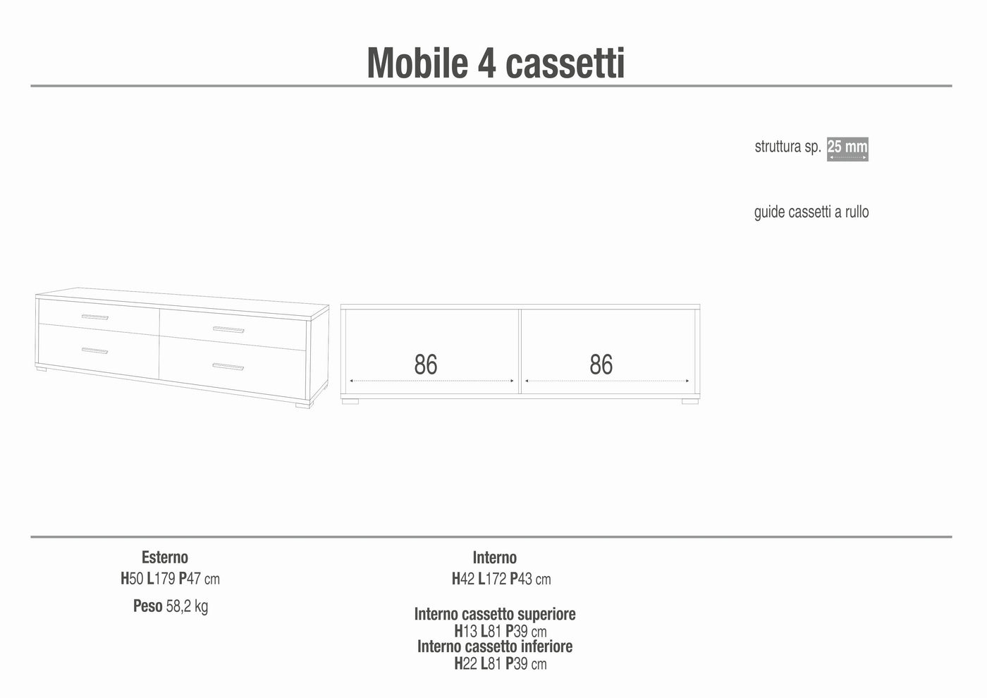 Cassettiera mobile con 4 cassetti 179x47x50H cm in kit di montaggio colore Ossido bianco