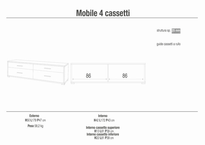 Cassettiera mobile con 4 cassetti 179x47x50H cm in kit di montaggio colore Ossido bianco