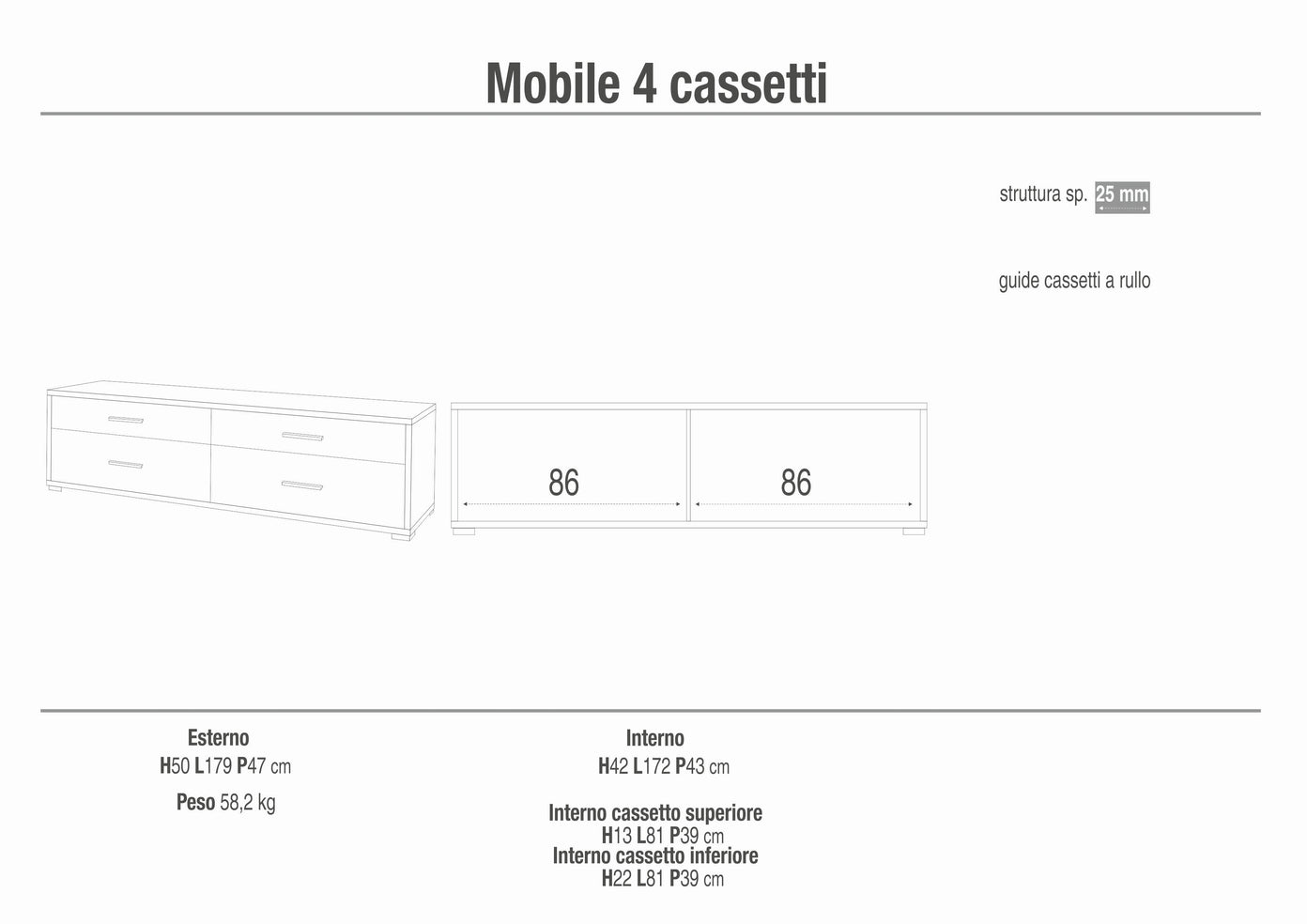 Cassettiera mobile con 4 cassetti 179x47x50H cm in kit di montaggio colore Cemento