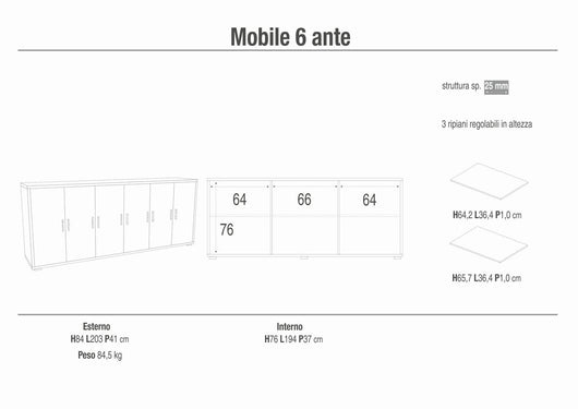 Madia credenza mobile 6 ante 203x41x84Hcm in kit di montaggio colore Cemento 