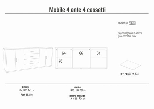 Madia credenza mobile con 4 ante e 4 cassetti 203x41x84H cm in kit di montaggio colore Noce Stelvio e Ossido nero