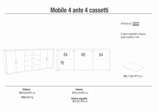 Madia credenza mobile con 4 ante e 4 cassetti 203x41x84H cm in kit di montaggio colore Ossido bianco e Noce Stelvio