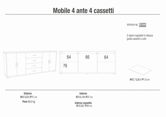 Madia credenza mobile con 4 ante e 4 cassetti 203x41x84H cm in kit di montaggio colore Noce Stelvio