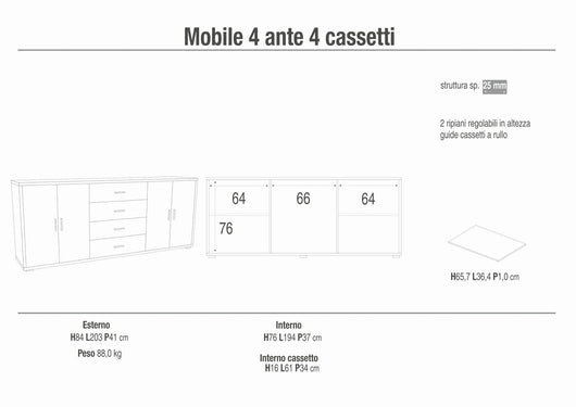 Madia credenza mobile con 4 ante e 4 cassetti 203x41x84H cm in kit di montaggio colore Ossido bianco e Cemento