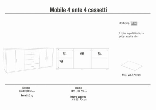 Madia credenza mobile con 4 ante e 4 cassetti 203x41x84H cm in kit di montaggio colore Noce Stelvio e Ossido bianco