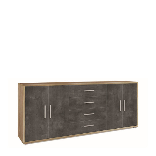 Madia credenza mobile con 4 ante e 4 cassetti 203x41x84H cm in kit di montaggio colore Noce Stelvio e Ossido nero