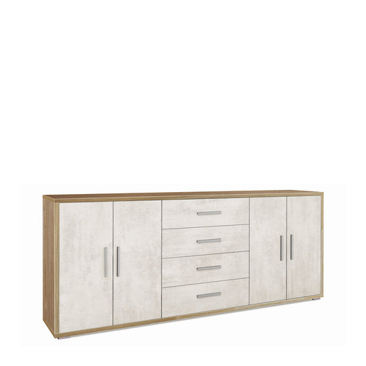 Madia credenza mobile con 4 ante e 4 cassetti 203x41x84H cm in kit di montaggio colore Noce Stelvio e Ossido bianco