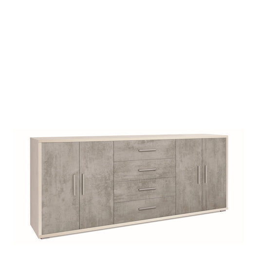 Madia credenza mobile con 4 ante e 4 cassetti 203x41x84H cm in kit di montaggio colore Ossido bianco e Cemento