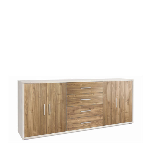 Madia credenza mobile con 4 ante e 4 cassetti 203x41x84H cm in kit di montaggio colore Ossido bianco e Noce Stelvio