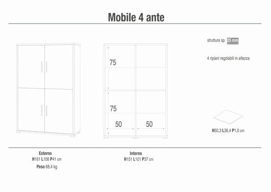 Armadio mobile 4 ante 108x41x161H cm in kit di montaggio colore Noce Stelvio