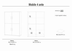 Armadio mobile 4 ante 108x41x161H cm in kit di montaggio colore Ossido bianco