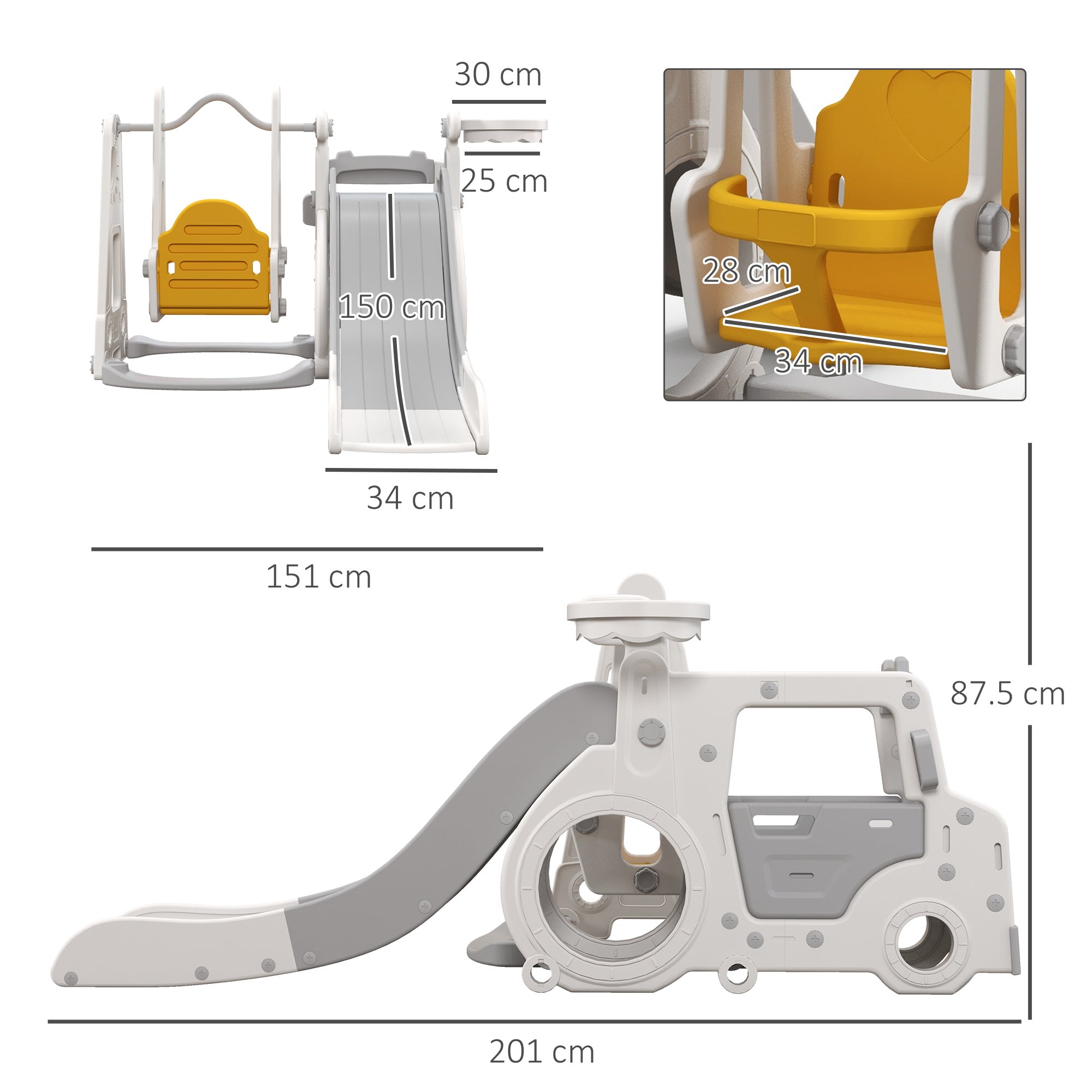 Scivolo per Bambini 201x151x87,5 cm con Altalena Macchina e Canestro Bianco