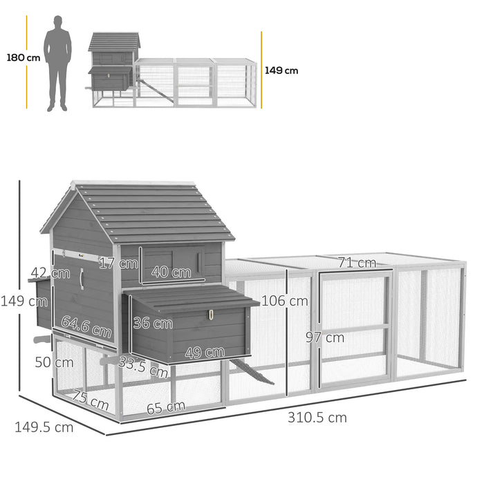 Pollaio da Giardino con Casetta per Galline Rampa e Area Aperta 310,5x149,5x149 cm  Grigio