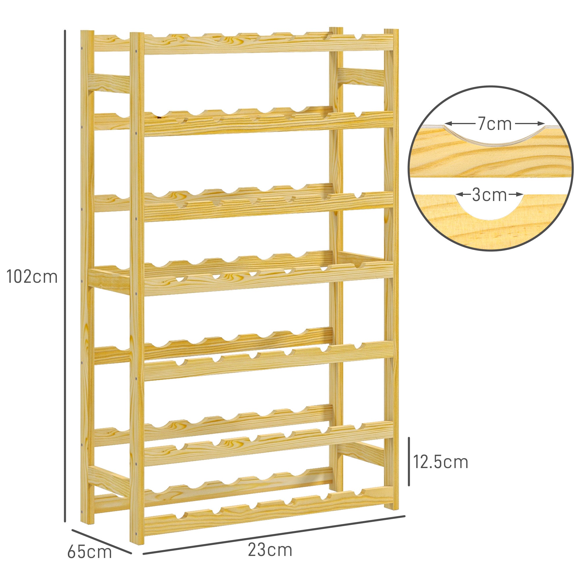 Scaffale Portabottiglie a 7 Livelli per 42 Bottiglie di Vino 63x25x102 cm Legno di Pino Naturale