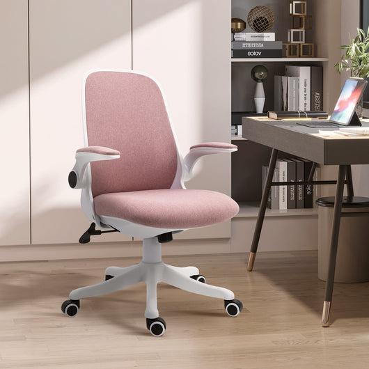 Sedia da Ufficio Ergonomica Altezza Regolabile 62,5x60x94-104 cm in Tessuto Effetto Lino Bianco e Rosa