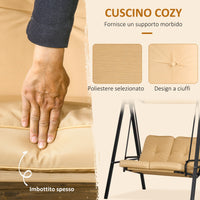 Dondolo 2 Posti in Acciaio e tessuto Teslin 138x106x174 cm con Tettuccio Regolabile e Cuscini Beige