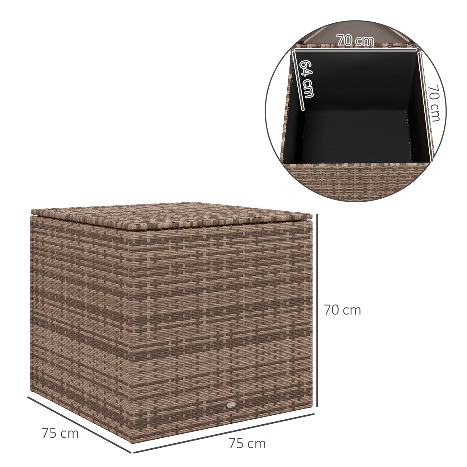 Baule da Esterno in Rattan PE e Acciaio con Fodera Interna 75x75x70 cm Nero e color Sabbia