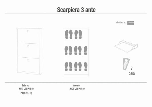 Scarpiera mobile salvaspazio 3 ante 63x18x117H cm in kit di montaggio colore Olmo chiaro