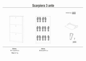 Scarpiera mobile salvaspazio 3 ante 63x18x117H cm in kit di montaggio colore Bianco fiammato