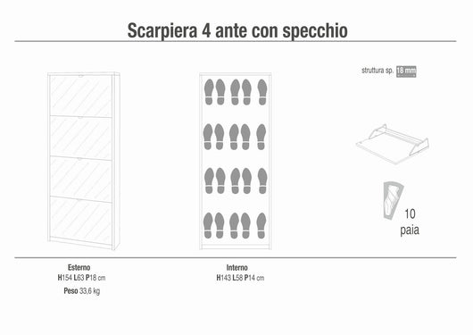 Scarpiera mobile salvaspazio 4 ante con specchio 63x18x154H cm in kit di montaggio colore Bianco fiammato