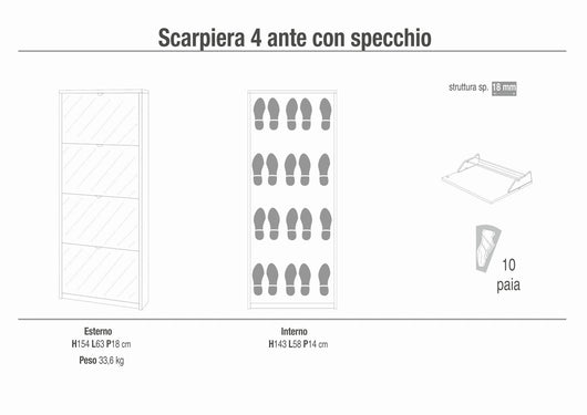 Scarpiera mobile salvaspazio 4 ante con specchio 63x18x154H cm in kit di montaggio colore Cemento 