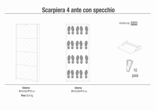 Scarpiera mobile salvaspazio 4 ante con specchio 63x18x154H cm in kit di montaggio colore Olmo chiaro