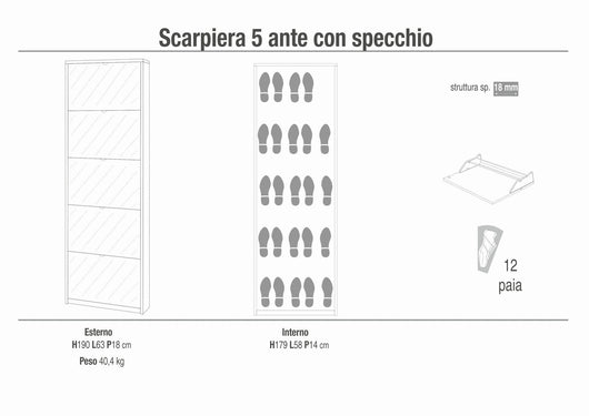 Scarpiera mobile salvaspazio 5 ante con specchio 63x18x190H cm in kit di montaggio colore Noce Stelvio