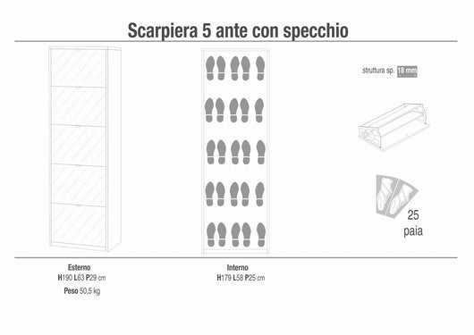 Scarpiera mobile 5 ante con specchio 63x29x190H cm in kit di montaggio colore Cemento