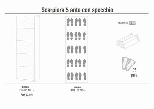 Scarpiera mobile 5 ante con specchio 63x29x190H cm in kit di montaggio colore Bianco Ossido