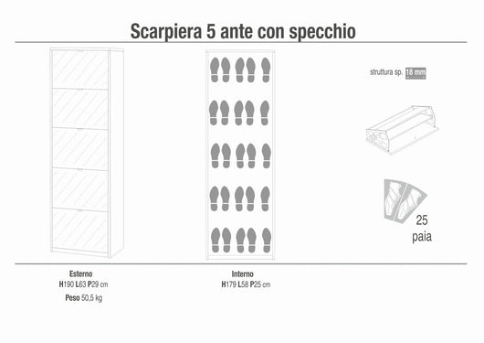 Scarpiera mobile 5 ante con specchio 63x29x190H cm in kit di montaggio colore Olmo chiaro