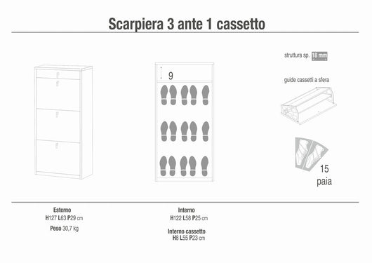 Scarpiera mobile 3 ante con 1 cassetto 63x29x127H cm in kit di montaggio colore Bianco fiammato