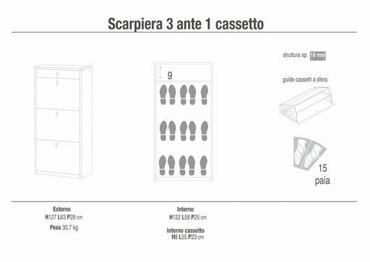 Scarpiera mobile 3 ante con 1 cassetto 63x29x127H cm in kit di montaggio colore Cemento