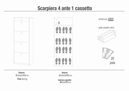 Scarpiera mobile 4 ante con 1 cassetto 63x29x164H cm in kit di montaggio colore Bianco fiammato