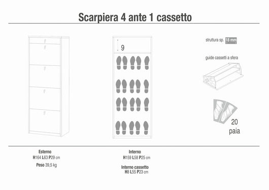 Scarpiera mobile 4 ante con 1 cassetto 63x29x164H cm in kit di montaggio colore Cemento