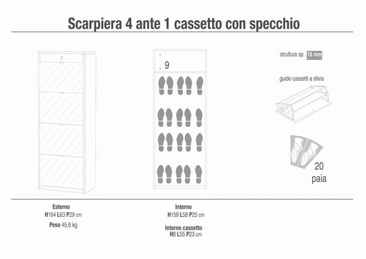 Scarpiera mobile 4 ante con specchio e 1 cassetto 63x29x164H cm in kit di montaggio colore Cemento