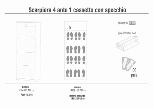 Scarpiera mobile 4 ante con specchio e 1 cassetto 63x29x164H cm in kit di montaggio colore Noce Stelvio