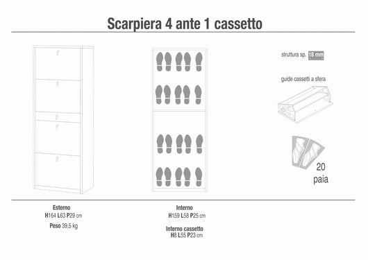 Scarpiera mobile 4 ante con 1 cassetto centrale 63x29x164H cm in kit di montaggio colore Bianco fiammato