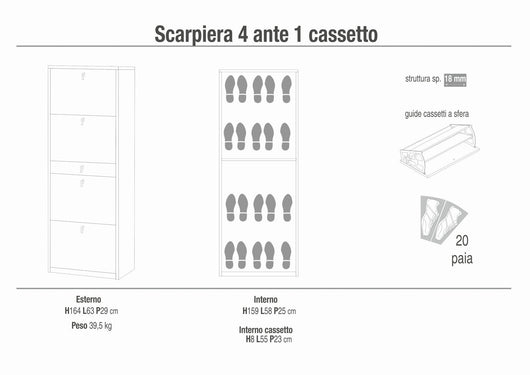 Scarpiera mobile 4 ante con 1 cassetto centrale 63x29x164H cm in kit di montaggio colore Cemento