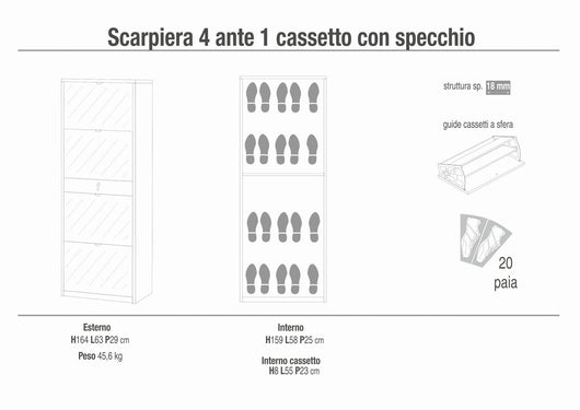 Scarpiera mobile 4 ante con specchio e 1 cassetto centrale 63x29x164H cm in kit di montaggio colore Cemento