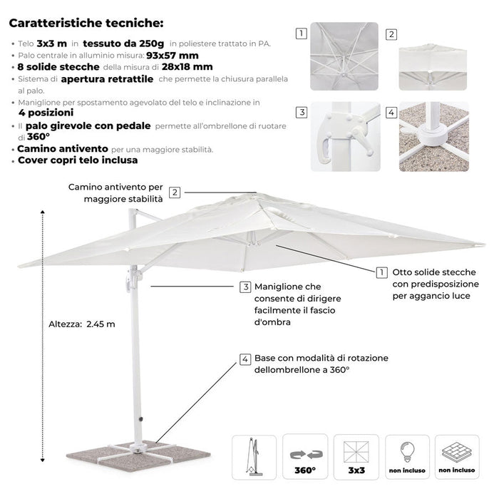 Ombrellone da Giardino Decentrato 3x3m Roma Bianco