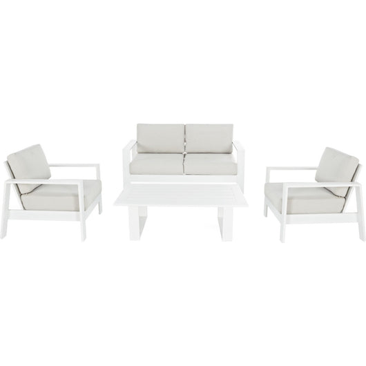 Salotto da giardino con poltrone, divanetto e tavolino in alluminio bianco modello Bars