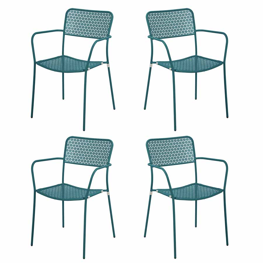 Set 4 sedie da Giardino con Braccioli 57x45/58x81,5h cm in Metallo Aura Turchese