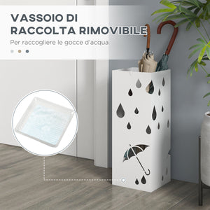 Portaombrelli con 4 Ganci e Vaschetta Raccogligocce 15,5x15,5x41cm in Metallo Bianco