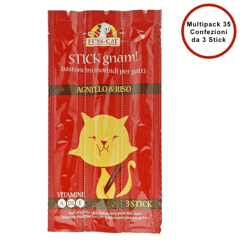 Multipack da 35 buste di snack per gatti stick morbidi gnam gatto agnello e riso