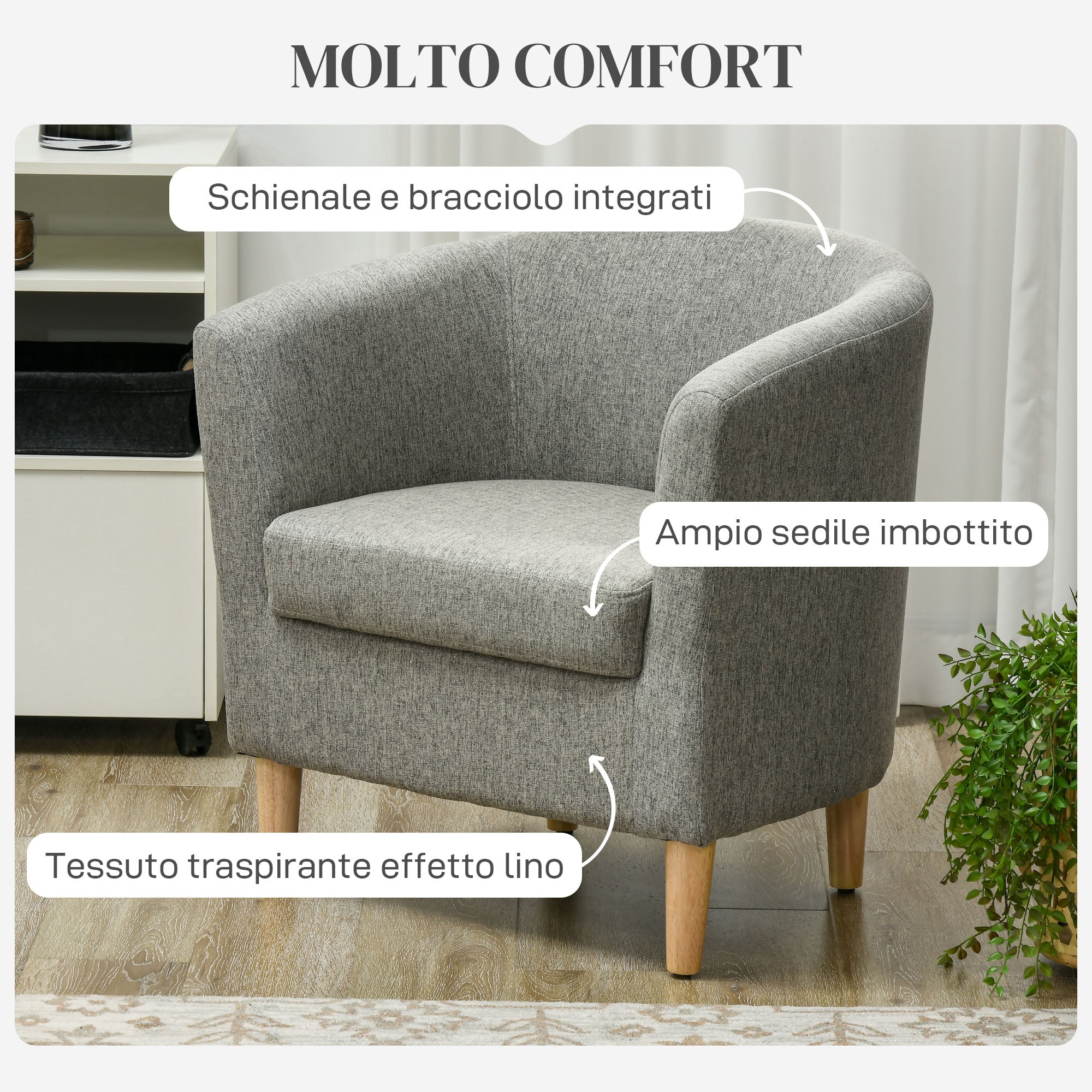 Poltrona Moderna a Pozzetto 74x63x73 cm in Tessuto Effetto Lino Grigio