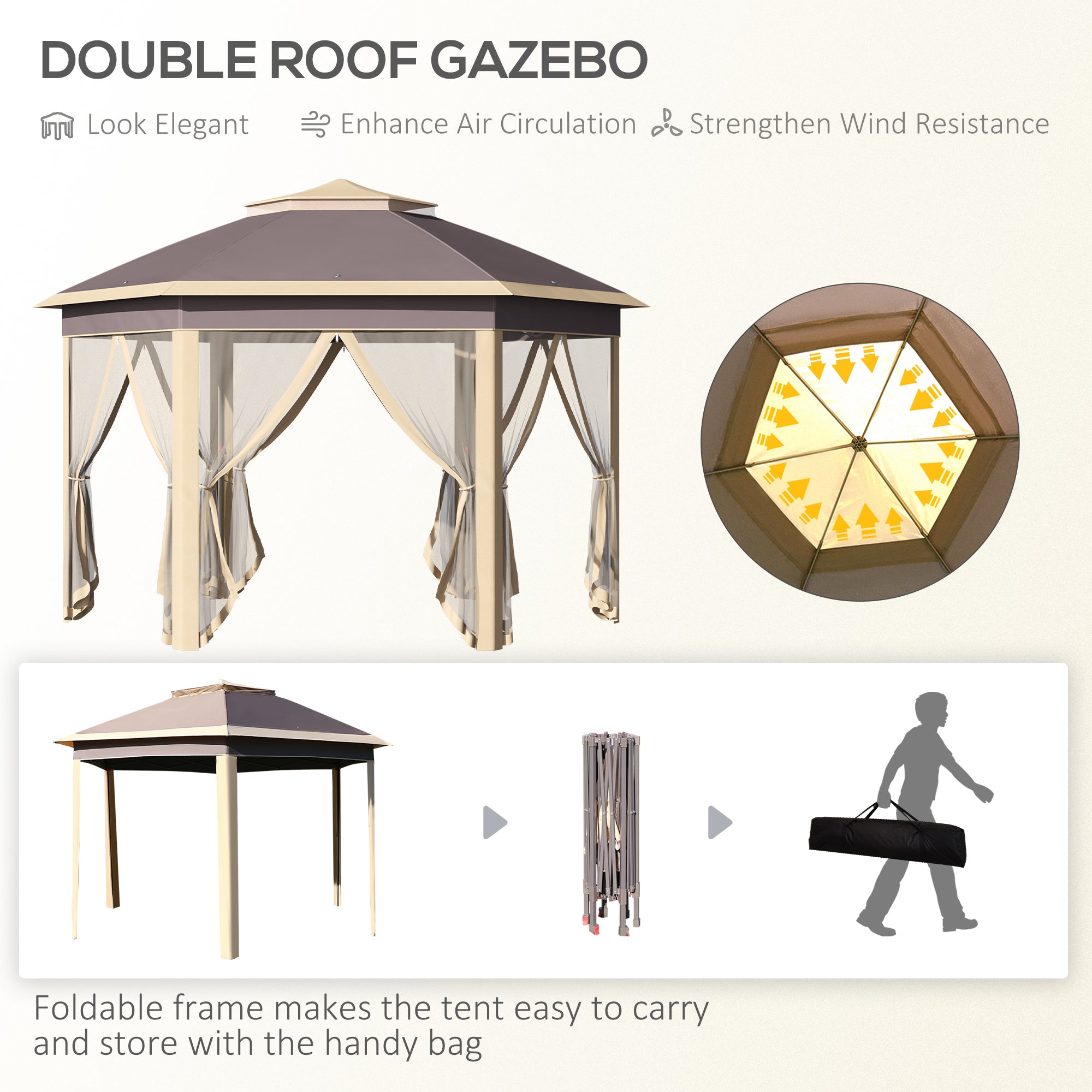 Gazebo Pieghevole da Giardino 4,05x3,4x2,85m con Zanzariera in Metallo e Tessuto Oxford Beige